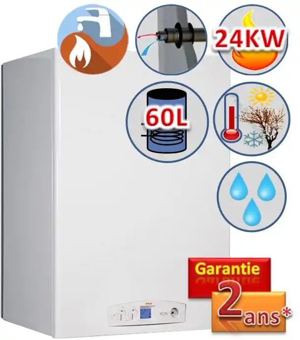 Affaire À Saisir Unik B – Chaudière murale Gaz Naturel 5 à 30Kw Condensation Mixte (chauffage + ECS Ballon 60 litres) raccordement ventouse Øint/ext 60/100mm