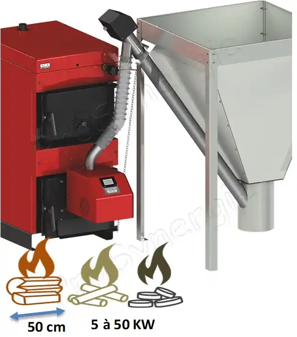 Acheter En Ligne Kit Chaudière bois bûche charbon 30 à 50KW mixte avec brûleur granulés (régulation électronique intégré et vis externe d´alimentation automatique) + Silo de stockage 300 ou 500 litres