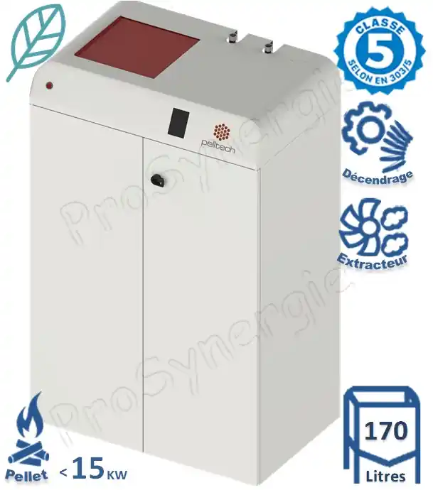 Nouveauté PK15 – Chaudière compacte Granulés/Pellet 4 à 15 KW avec trémie stockage 170 litres + régulation chauffage – Dimensions (LxPxH) = 800 x 500 x 1320mm – Raccord fumée Ø 80mm