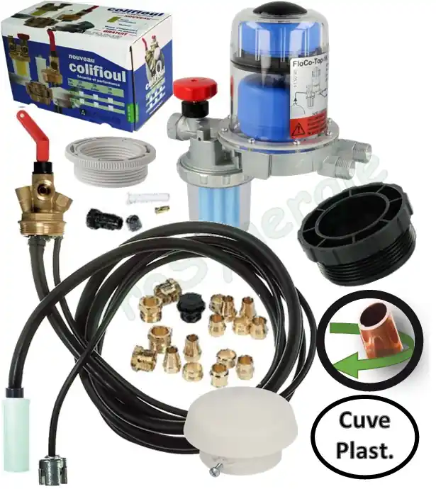 Petit Prix Kit Colifioul monotube pour cuve (ensemble vanne police soutirage à flotteur, filtre purgeur à recyclage FloCo-TOP-1K et accessoires raccords + ventilation)