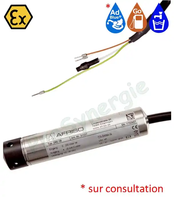 Dernier Modèle Transmetteur de pression submersible (0.1 à 0.3 bars) DMU 08 (option ATEX atmosphère explosive) + 5 mètres de câble type PUR ou FPE