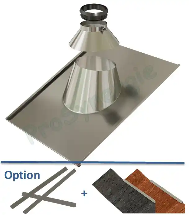 Commander Maintenant Solin Inox non peint 5 à 45°, pour conduit de Ø ext. 125 à 280, avec collet et joint silone noir d´étanchéité avec ou sans bavette et joints d´étanchéité de bordure en mousse imperméable