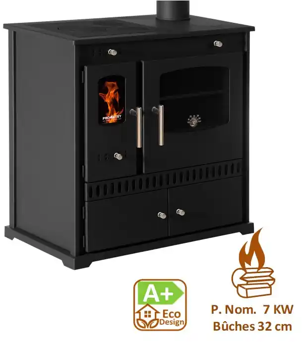 Perfect Eko – Cuisinière à bois, ecodesign, classe A+, Puissance nominale 7 kW, Min/Max 5,5/9,5 kW, Rendement 83,63%, LxPxH = 810x460x800, plaque de cuisson acier, Ø conduit de fumées 130 mm Offre Exclusive